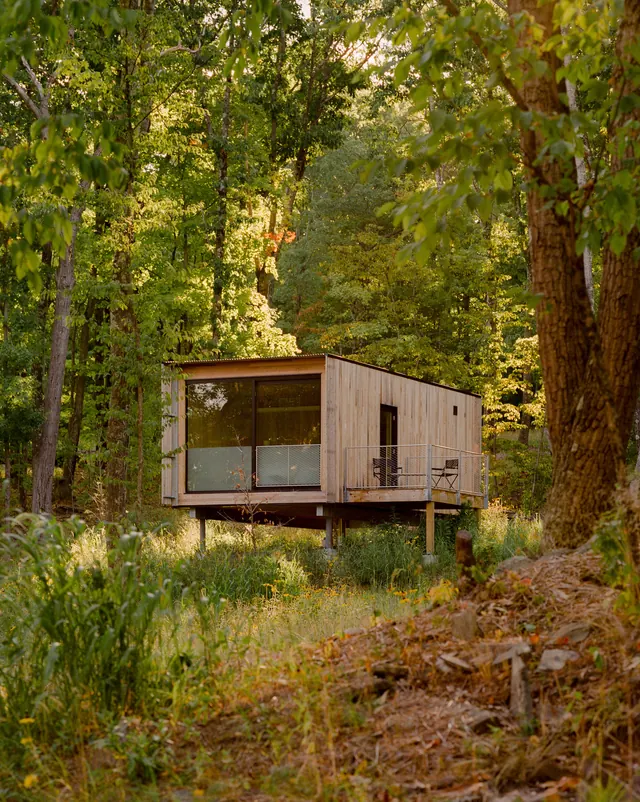 Minimalist forest cabin with large windows, minimalist, photographic, natural