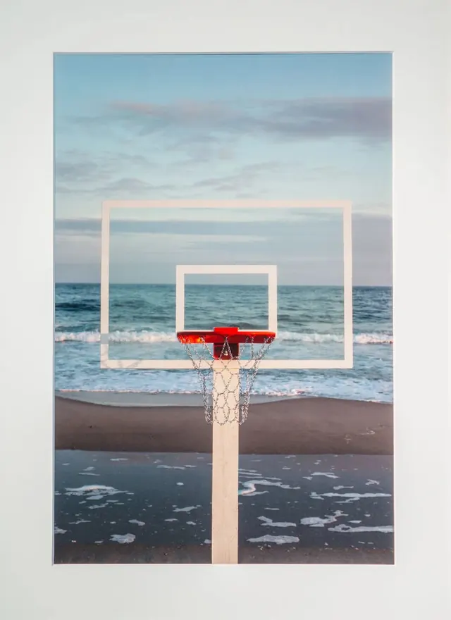 Surreal basketball court composite on beach, surreal, photographic, cool