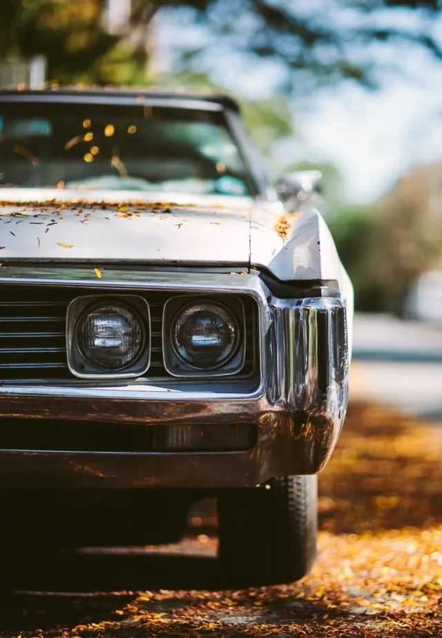 Vintage car front detail with fallen leaves, photographic, vintage, warm