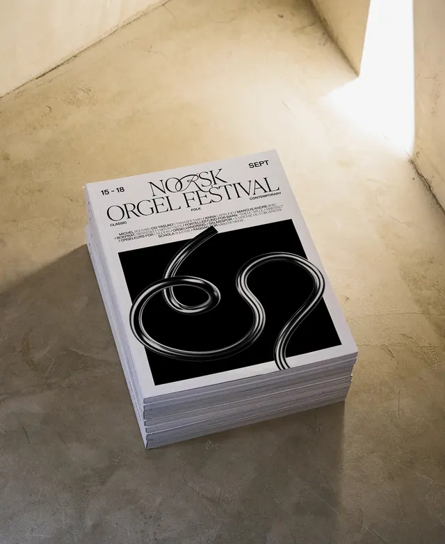 Nordic Organ Festival program stack, editorial, geometric, monochrome