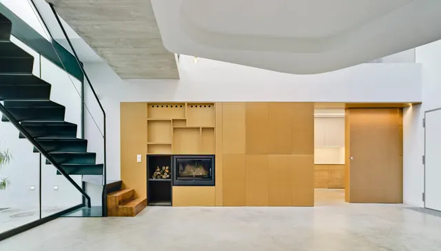 Modern interior living space with wood wall systems, minimal, technical, warm