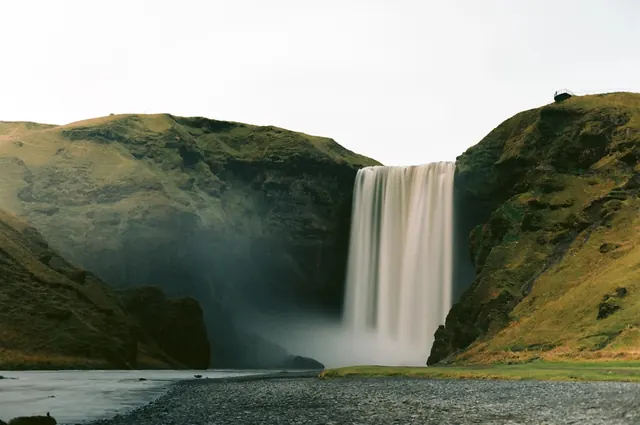 Icelandic waterfall landscape with green hills, photographic, landscape, cool