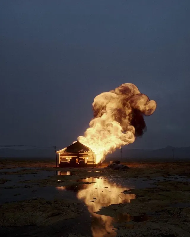 Nighttime fire scene photograph, photographic, dark-mode, dark