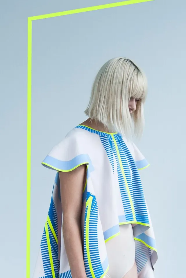 Fashion editorial with geometric neon frame, editorial, geometric, vibrant