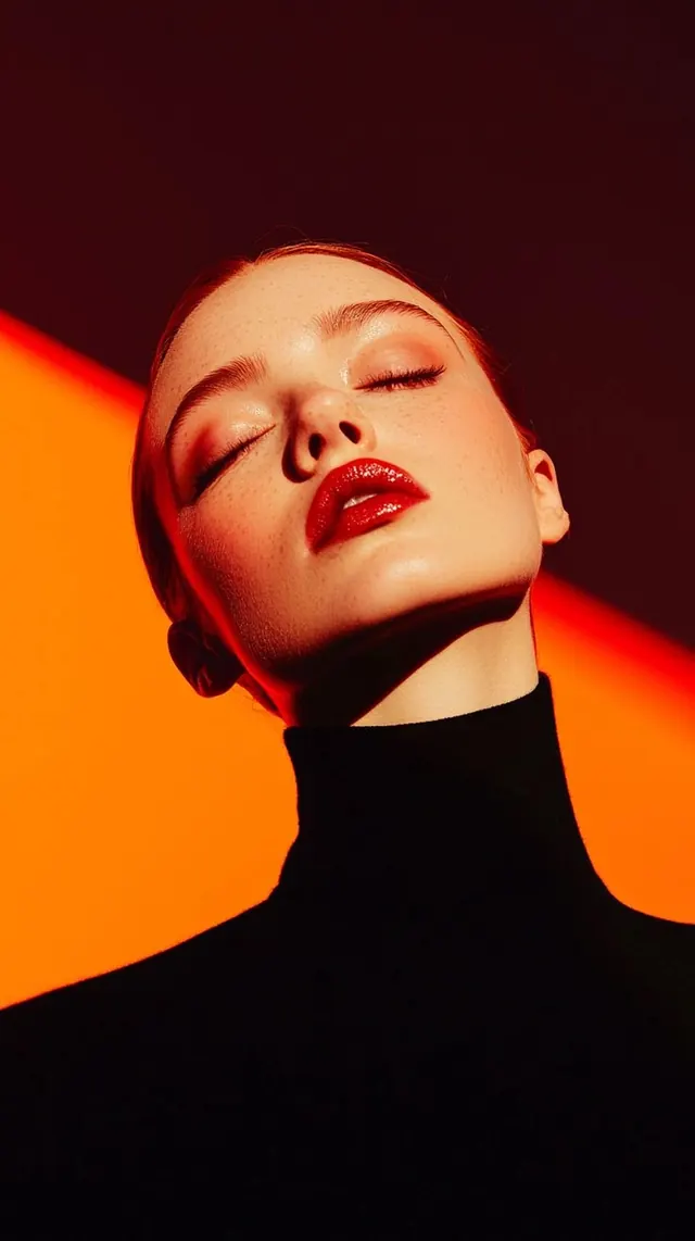 Beauty portrait with dramatic warm lighting, photographic, editorial, warm
