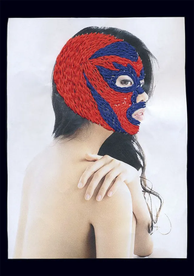 Portrait with red and blue geometric mask overlay, illustrated, abstract, vibrant