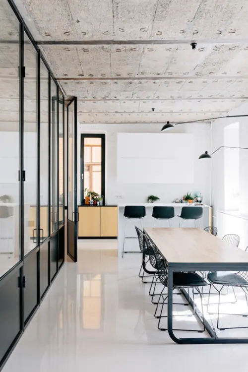 Minimalist open-plan loft interior with architectural framing, photographic, minimal, light