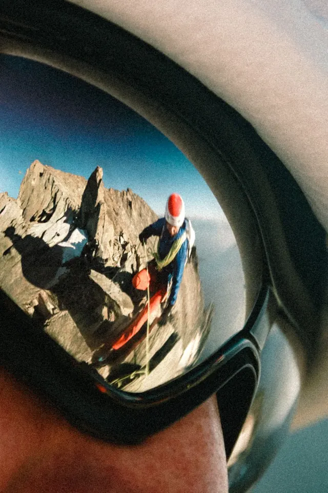 Action sports adventure photography through helmet visor, photographic, technical, vibrant