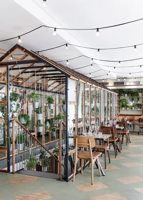 Modern glass pavilion interior with plants, photographic, minimal, warm
