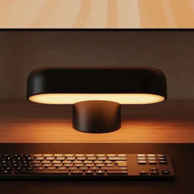 Black oval desk lamp on wood with keyboard, minimal, technical, dark