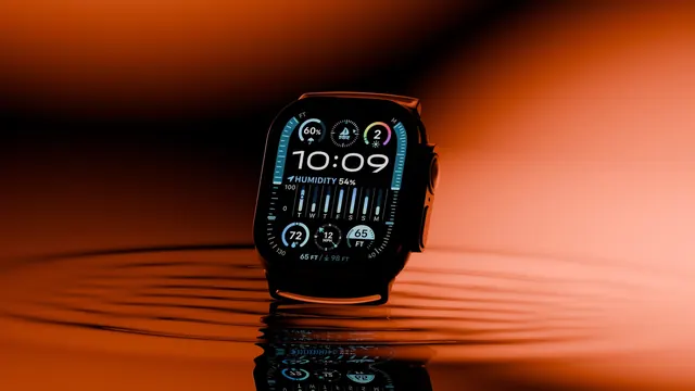 Smartwatch product photography with warm reflections, minimal, photographic, dark
