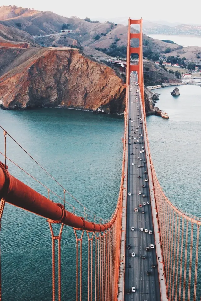 Golden Gate Bridge aerial, photographic, muted