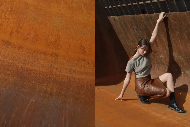Rusted steel fashion editorial, photographic, editorial, warm