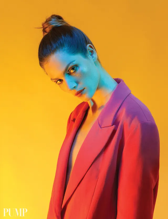 Fashion editorial portrait with colorful lighting, photographic, editorial, vibrant