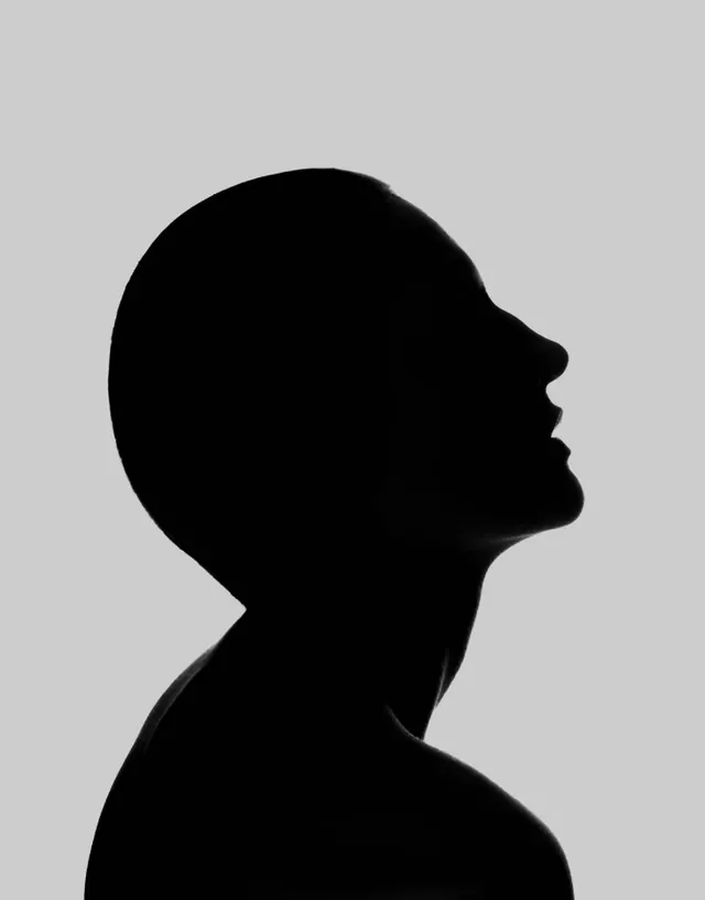 High-contrast silhouette profile portrait, photographic, minimal, dark