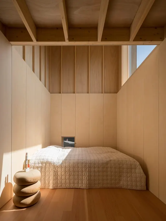Minimal wooden bedroom interior with platform bed, minimal, organic, light