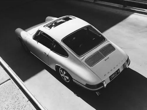 Classic white Porsche 911 from high angle, photographic, monochrome, monochrome