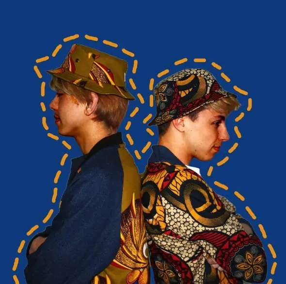 Two men in patterned hats back to back, photographic, vibrant, vibrant