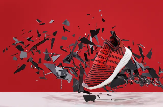 Red Sneaker Explosion, maximalist, geometric, vibrant