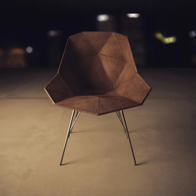 Geometric faceted brown leather armchair, minimal, photographic, dark