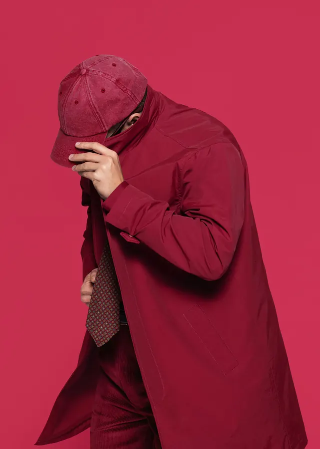 Red-on-red fashion editorial portrait, minimal, editorial, vibrant