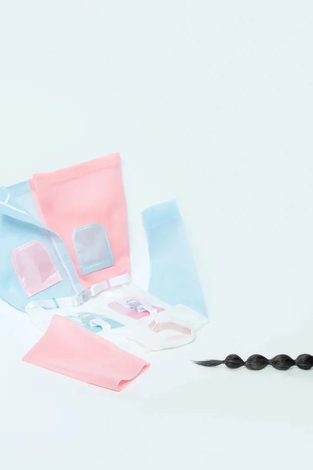 Pastel translucent pouches and braid, minimal, photographic, light
