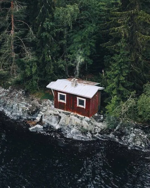 Red cabin aerial landscape photography, photographic, vibrant