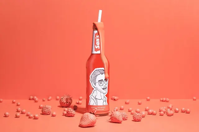 Beverage bottle packaging with illustrated portrait, illustrated, playful, vibrant