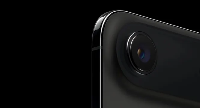 Smartphone rear camera detail shot, technical, minimalist, dark