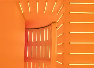 Neon orange architectural grid detail, minimalist, geometric, vibrant