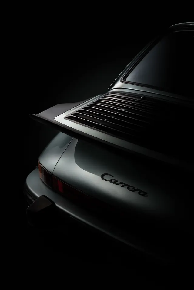 Porsche Carrera detail study, photographic, minimalist, dark