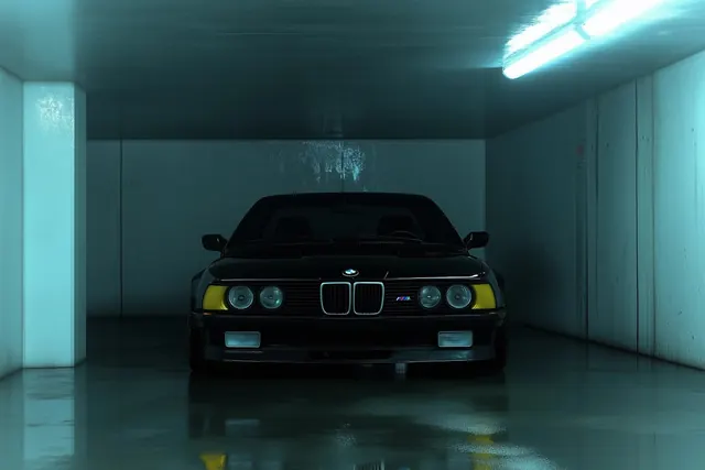 Black BMW in turquoise-lit garage, dark-mode, technical, dark