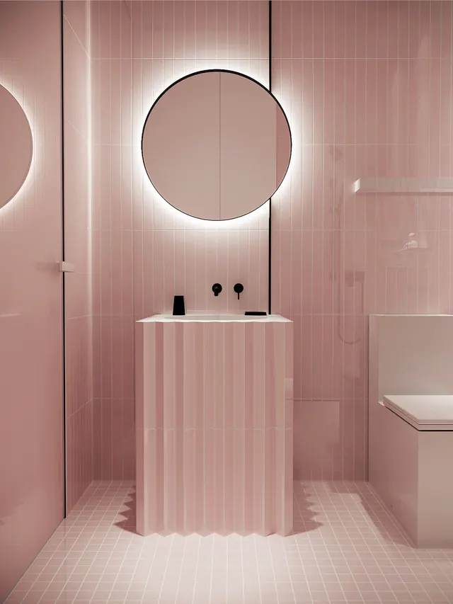 Pink bathroom interior with vanity, monochrome, photographic, muted