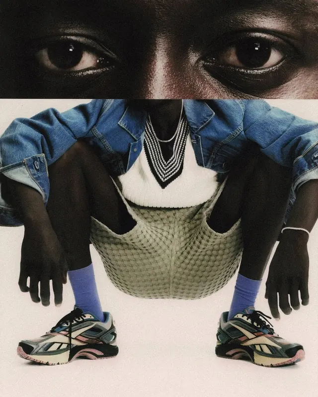 Portrait collage with fashion editorial styling, editorial, photographic, dark