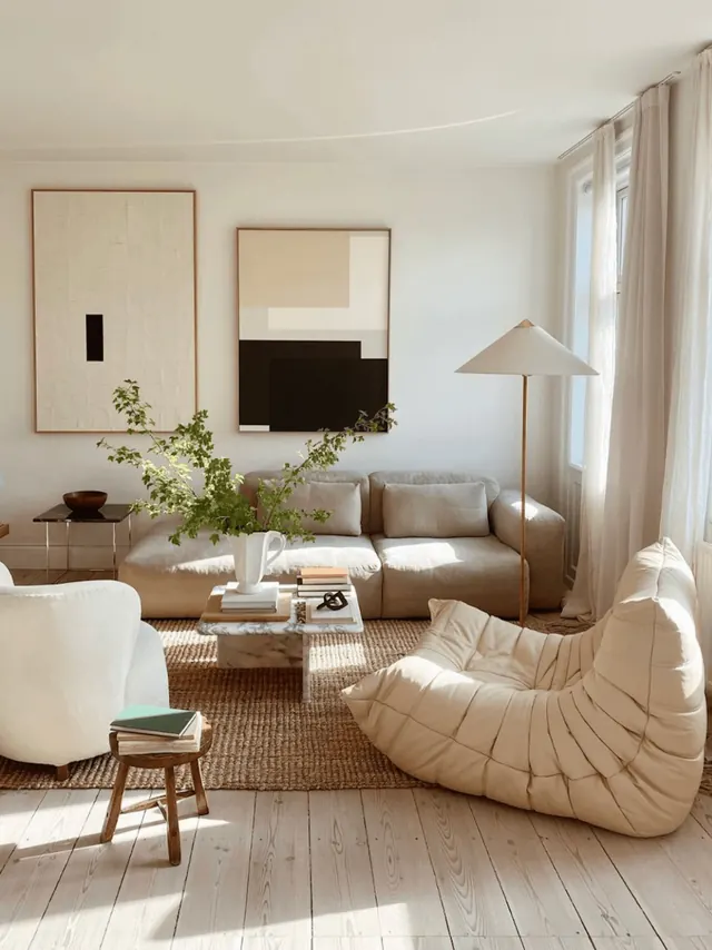 Minimalist living room with sculptural furniture, minimal, photographic, light