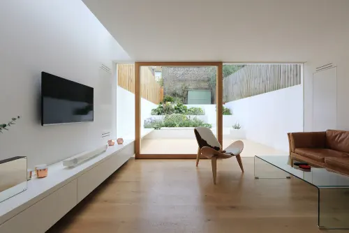 Modern minimalist living room with garden view, minimal, swiss, light