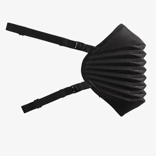 Black fan-shaped object on neutral background, minimal, technical, dark