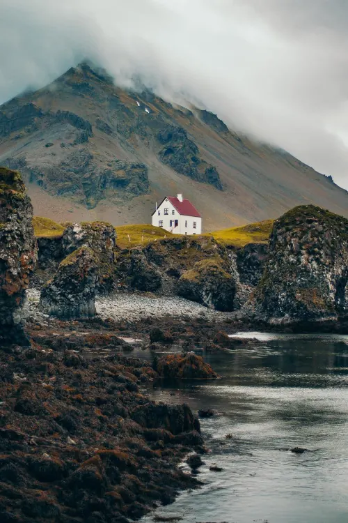 Icelandic house landscape, photographic, minimal, cool