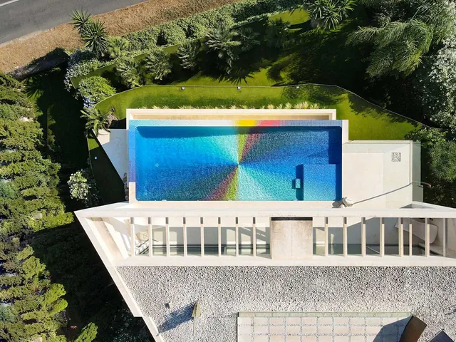 Mosaic pool aerial view, geometric, photographic, vibrant