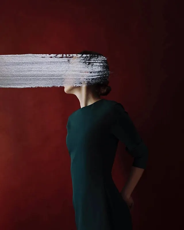 Motion-blur fashion portrait, photographic, editorial, dark