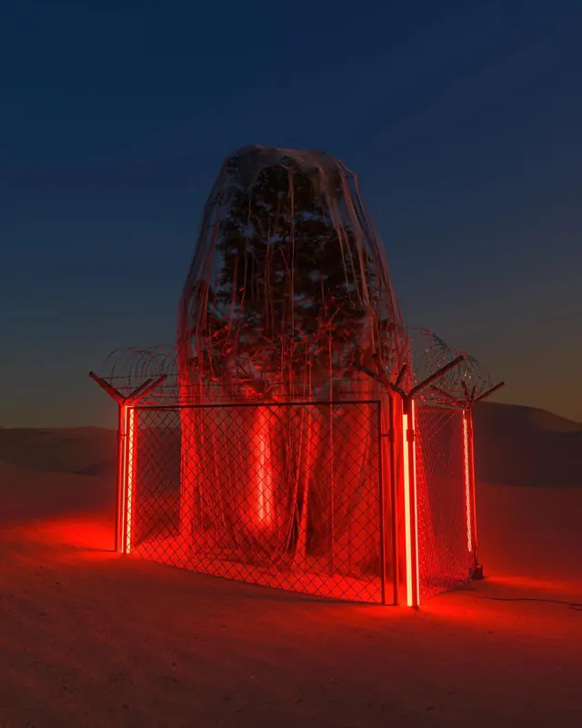 Neon red desert art installation, technical, 3d-render, vibrant