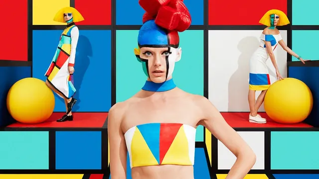 Mondrian-inspired geometric fashion, geometric, playful, vibrant