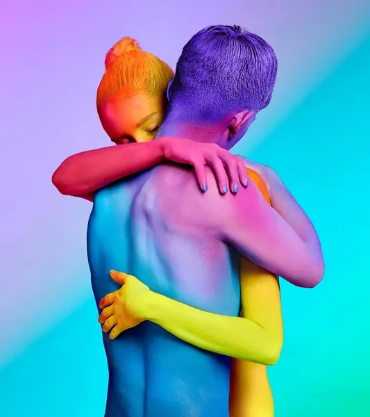 Vibrant gradient body art composition, playful, 3d-render, vibrant