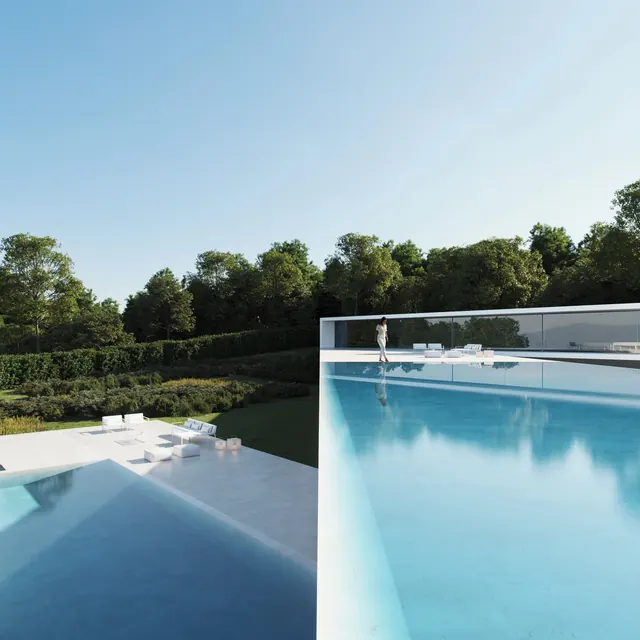 Modern pool landscape with figure, minimal, photographic, cool