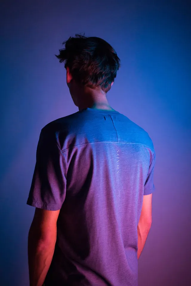 Back portrait with gradient neon lighting, photographic, gradient-heavy, vibrant