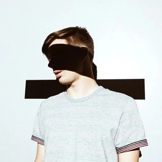 Portrait with geometric black bar overlay, graphic, editorial, light
