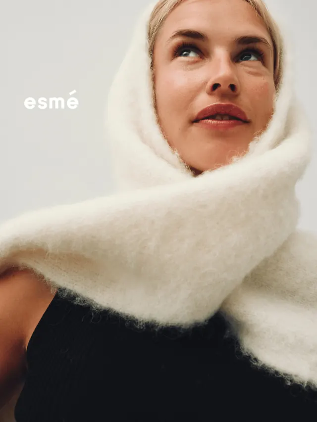 Portrait with cream knit headwrap, photographic, minimal, warm