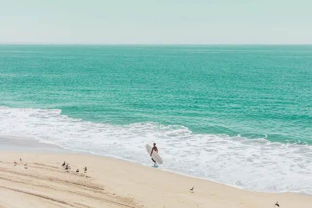 Surfer on turquoise beach with aerial view, photographic, minimal, cool