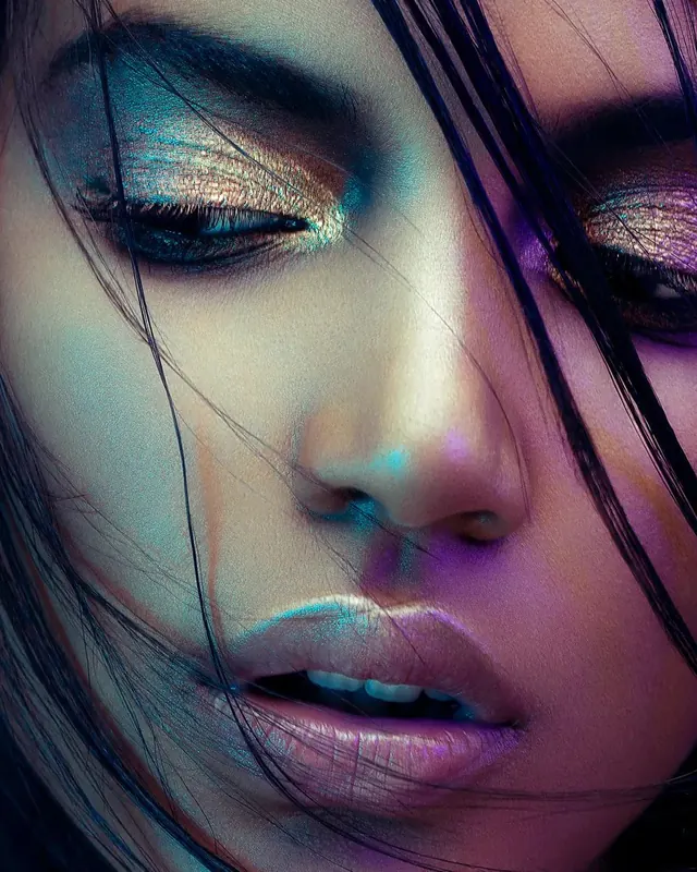 Colorful eye makeup close-up, photographic, artistic, vibrant