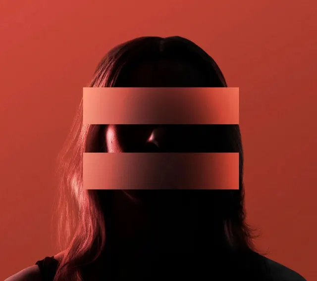 Silhouette portrait with coral overlay bars, photographic, editorial, warm